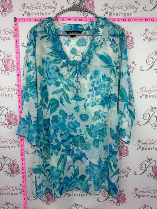 Double decker Tops - Double Decker coverup mini dress. Ranch Teal Floral V-Neck Sheer beaded